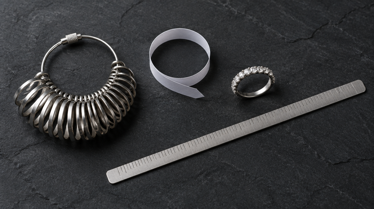 Ring sizing tools laid out overhead: metal ring sizer bands, a paper strip, a ruler, and a diamond band