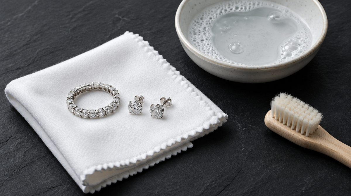 Diamond eternity band and stud earrings on a soft cloth beside a dish of soapy water and a soft brush, jewelry care at home