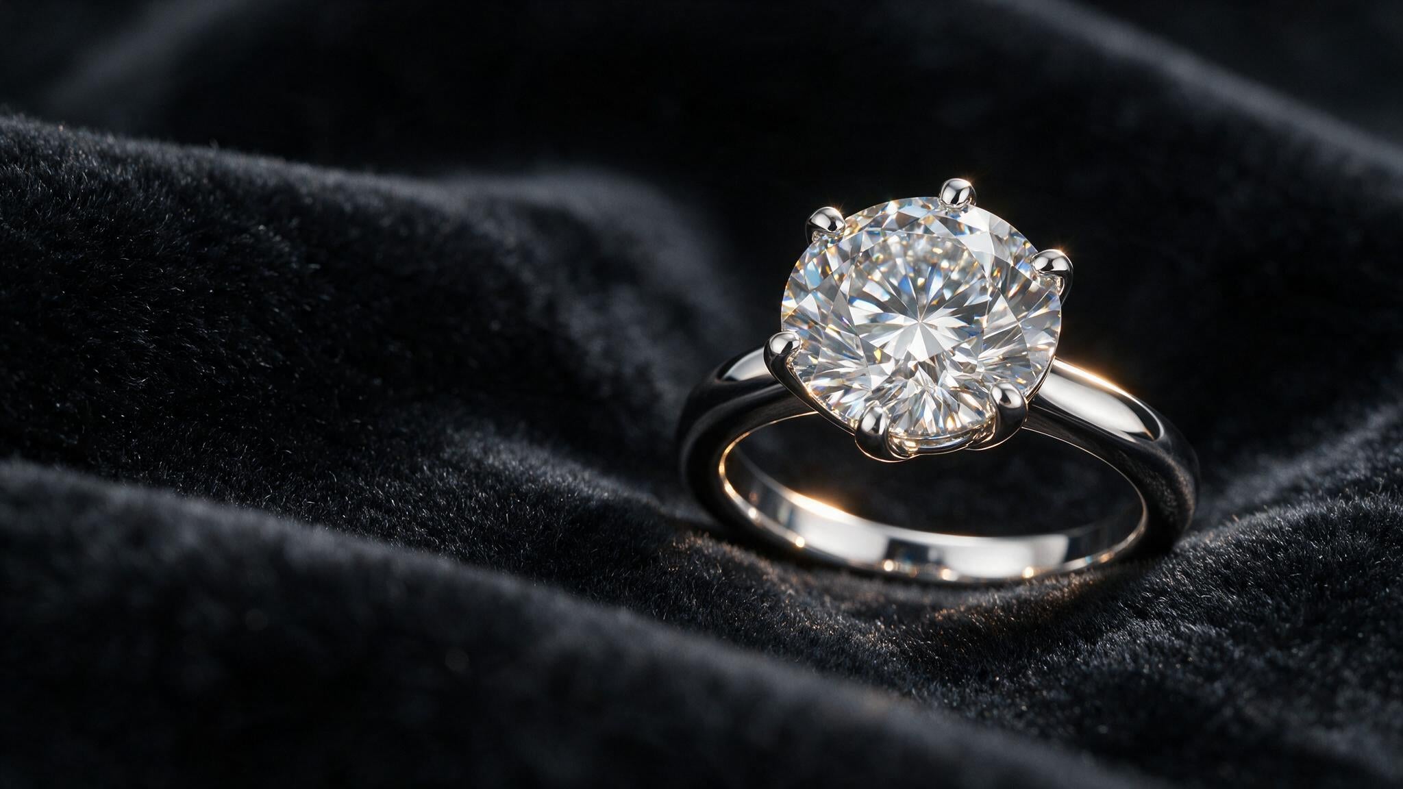 Round brilliant cut solitaire diamond ring on dark velvet, catching light